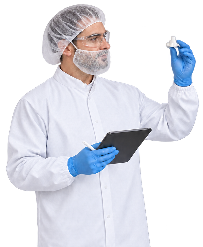 Quality technician inspecting a white plastic medical component while holding a tablet.