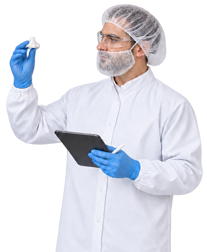 Alentra Quality Technician Quality technician inspecting a white plastic medical component while holding a tablet.