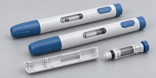 Autoinjector pens with a molded shell and spring-loaded plunger assembly.