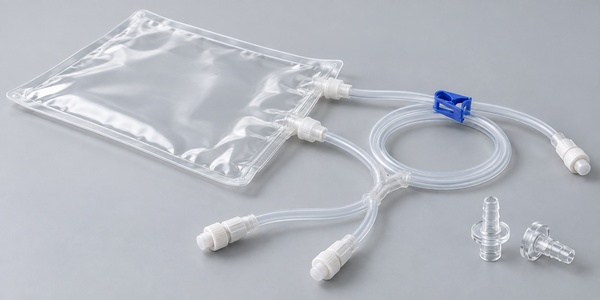 Single-use bioprocess bag with tubing, connectors, and a blue pinch clamp. Single-use bioprocess bag with tubing, connectors, and a blue pinch clamp.