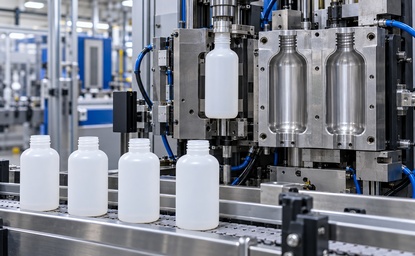Open blow molding equipment with bottle-shaped cavities beside a conveyor of finished white plastic bottles.