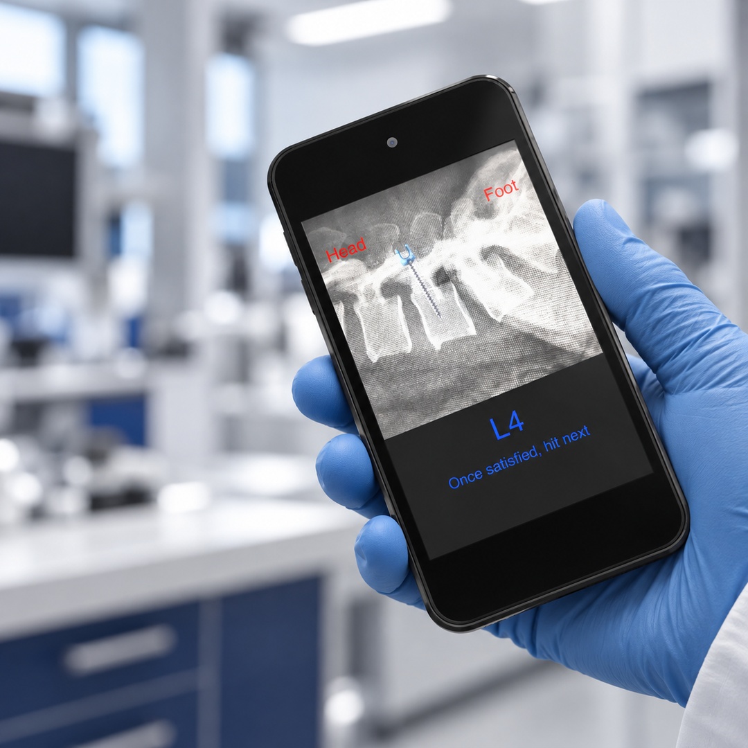 Gloved hand holds the Bolt Navigation System displaying spinal navigation imagery.