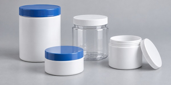 White and clear wide-mouth plastic canisters and jars with removable lids. White and clear wide-mouth plastic canisters and jars with removable lids.