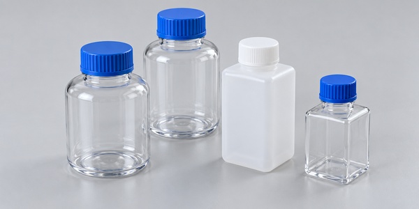 Clear and translucent laboratory bottles with blue and white screw caps.