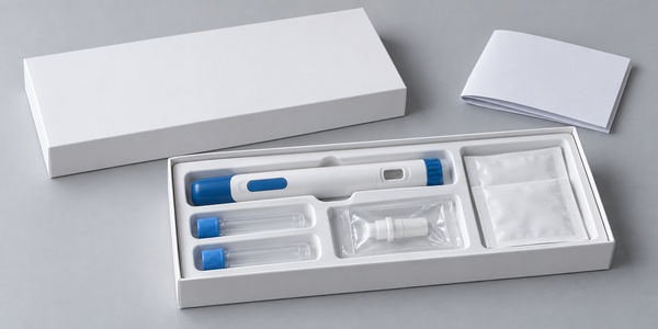 Clinical trial kit with a pen-style delivery device, sample tubes, and packaged accessories.