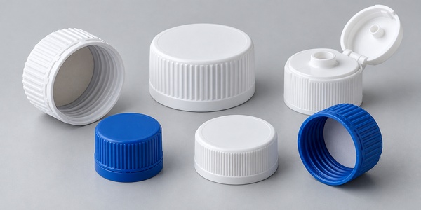 White and blue pharmaceutical closures showing internal threads and sealing liners.