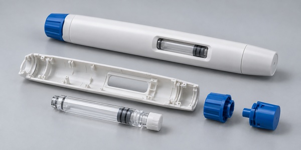 Autoinjector pen beside its molded housing, clear cartridge, and blue components.