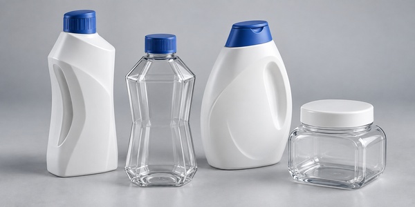 Custom-shaped plastic bottles and a clear jar with sculpted contours and geometric designs. Custom-shaped plastic bottles and a clear jar with sculpted contours and geometric designs.
