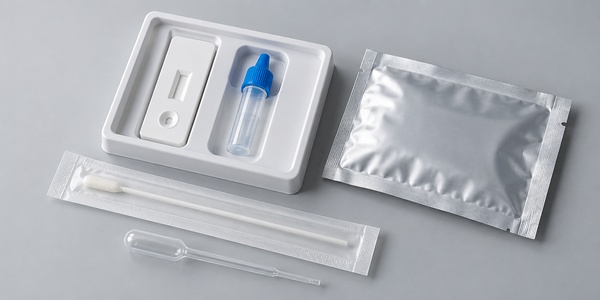 Diagnostic test kit with a test cassette, extraction tube, wrapped swab, and pipette.