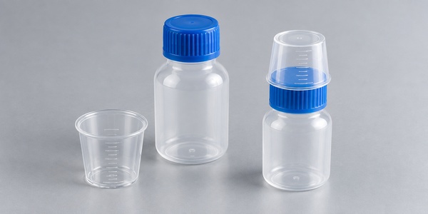 Clear dosing bottles with blue caps and graduated measuring cups.
