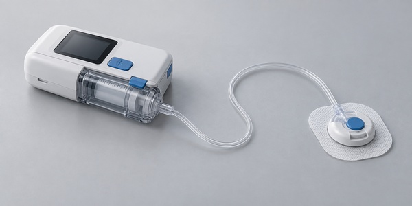 Compact infusion pump connected by clear tubing to an adhesive infusion set.