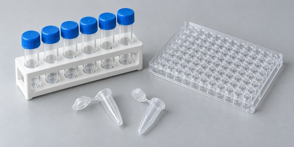 Blue-capped sample vials, a clear microplate, and microcentrifuge tubes.