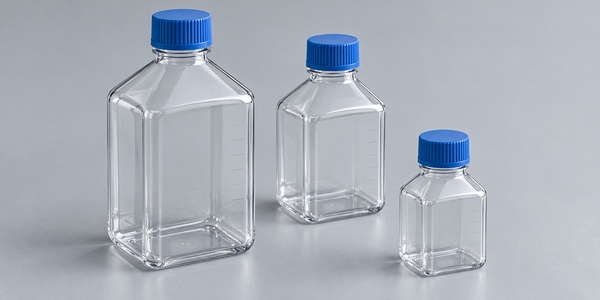 Three clear laboratory media bottles with blue screw caps.