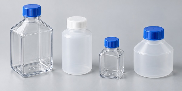 Clear and translucent laboratory media and reagent bottles with screw caps. Clear and translucent laboratory media and reagent bottles with screw caps.