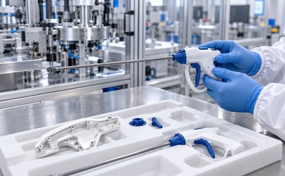 Gloved technician inspects a surgical instrument beside molded components in a cleanroom assembly area.