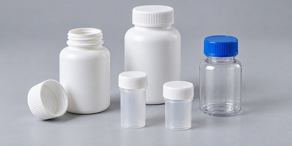 White medicine bottles and clear plastic vials with screw caps.
