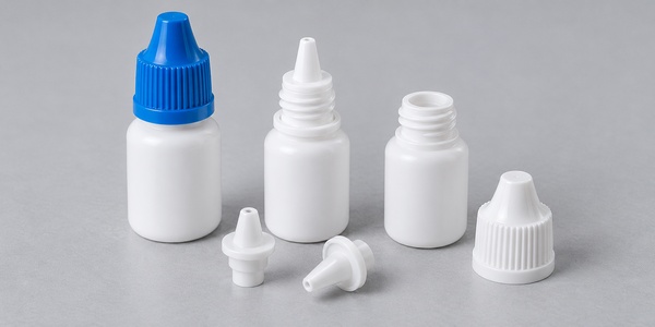 White ophthalmic bottles with removable caps and precision dropper tips.