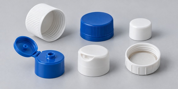 Blue and white screw caps, flip-top closures, and dispensing caps. Blue and white screw caps, flip-top closures, and dispensing caps.