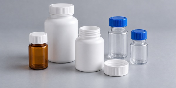 White medicine bottles with clear and amber plastic vials and screw caps. White medicine bottles with clear and amber plastic vials and screw caps.