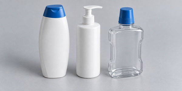 Shampoo, lotion pump, and mouthwash bottles with white and blue closures. Shampoo, lotion pump, and mouthwash bottles with white and blue closures.