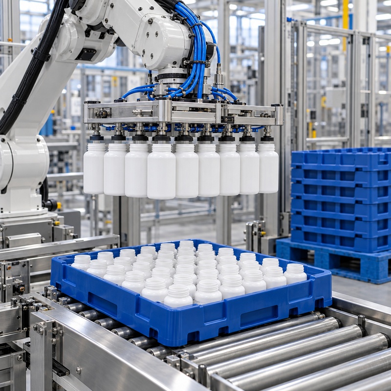 Robotic handling system transfers white plastic bottles above a reusable blue tray, with empty trays stacked nearby.