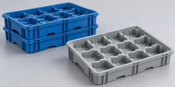 Stackable blue and gray molded packaging trays with protective component compartments. Stackable blue and gray molded packaging trays with protective component compartments.