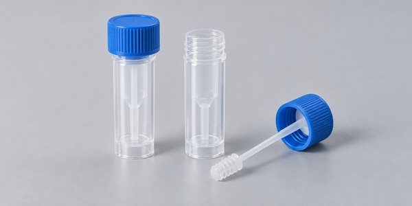 Clear sample collection tubes with blue caps and a sampling wand.