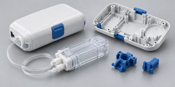 Modular drug delivery housing, clear fluid cassette, and precision molded components.
