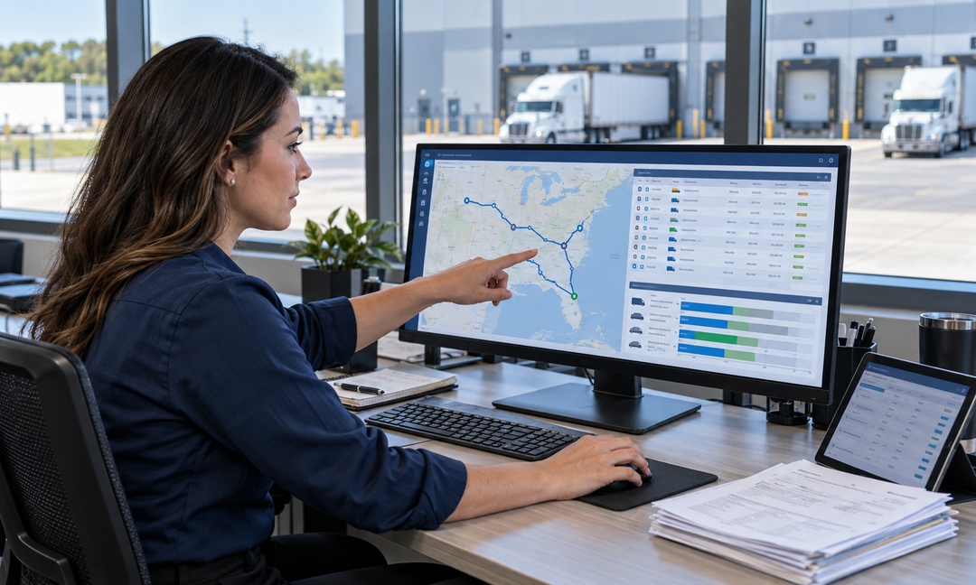 Transportation coordinator reviews shipping routes and freight schedules on a monitor overlooking warehouse loading docks.